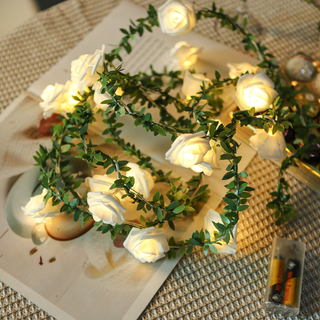 3m Artificial White Rose Garland with LED Light Battery Operated