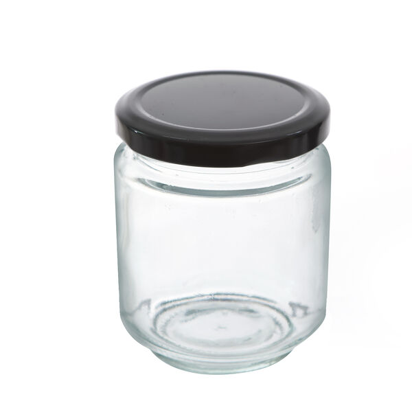 140 x 200ML Black Lid Round Candy Jam Glass Jars Honey Preserving Wedding Favours
