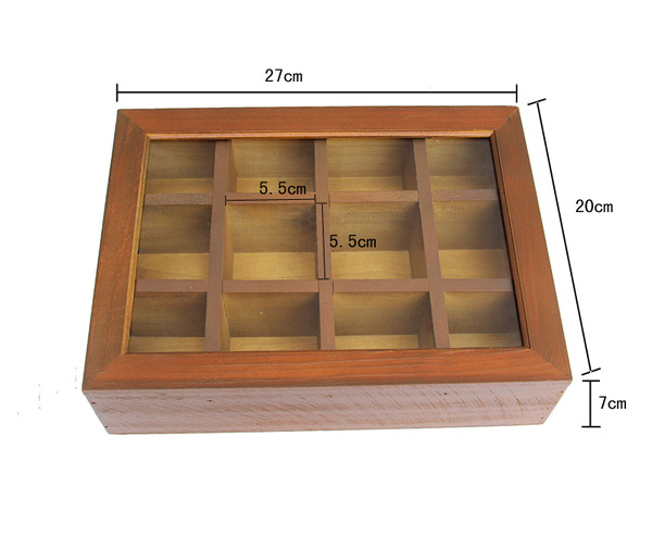 Wooden Vintage Tea Storage Box Container with Glass Top 12 Compartments