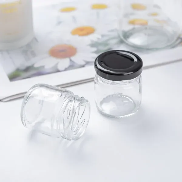 56 x Mini 50ML Black Lid Candy Jam Glass Jars Honey Preserving Wedding Favours