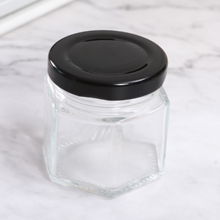 54 x 60ml Hexagon Shape Glass Jars Black Lid