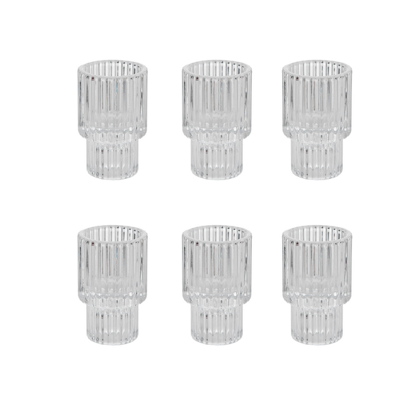 6 x Clear Glass Ribbed Tall Dinner Taper Candle Holder