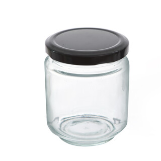 140 x 200ML Black Lid Round Candy Jam Glass Jars Honey Preserving Wedding Favours