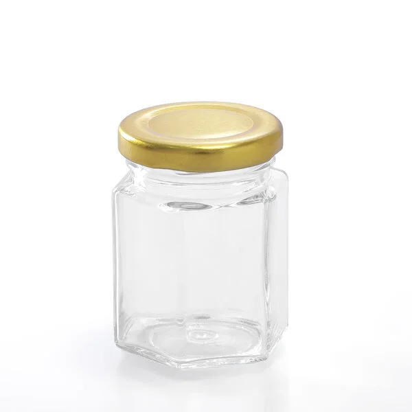 40 x 85ml Hexagon Shape Glass Jars Gold Lid