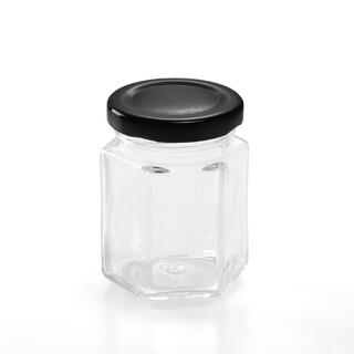 40 x 85ml Hexagon Shape Glass Jars Black Lid