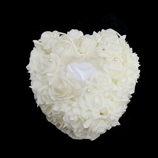 White Rose Wedding Heart Ring Case Jewelry Stand Holder Pillow 