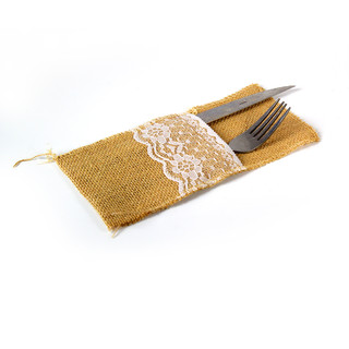 24 x Rustic Hessian Burlap Lace Wedding Cutlery Holder Pouch Vintage