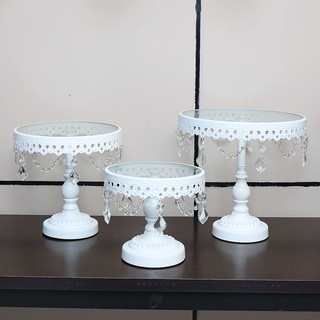3PC White Wedding Metal And Glass Lace Cupcake Cake Stand With Crystal Pendant Chain