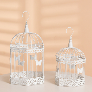 Set of 2 White Wedding Hexagon Bird Cage Card Keeper Wishing Well Decoration Centrepiece