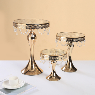 3PC Gold Wedding Metal And Glass Lace Cupcake Cake Stand With Crystal Pendant Chain