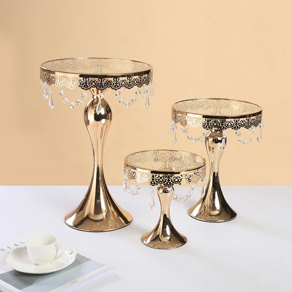 3PC Gold Wedding Metal And Glass Lace Cupcake Cake Stand With Crystal Pendant Chain