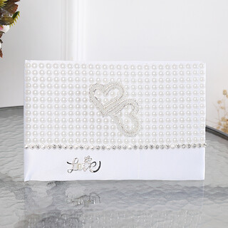 White Pearl Wedding Guest Book With Gold Hearts  & Love 
