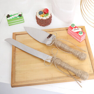 Wedding Bridal Steel Cake Server Knife Set Hessian Barlap Handle 