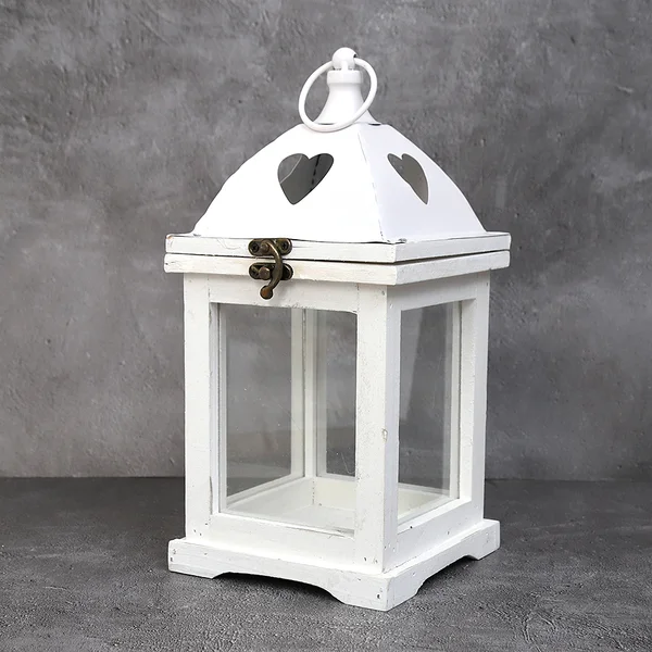White Vintage Candle Heart Wooden Lantern Large 32cm