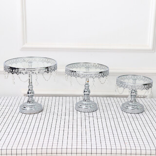 3PC Silver Wedding Metal And Glass Lace Cupcake Cake Stand With Crystal Pendant Chain
