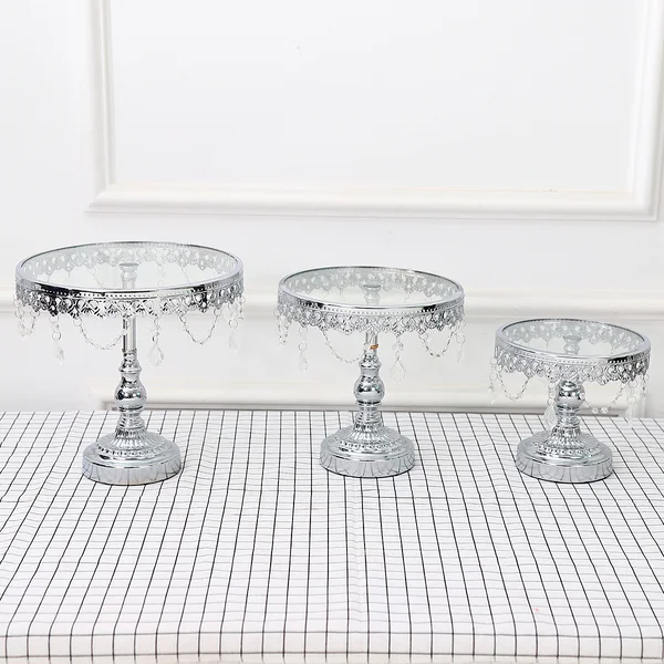 3PC Silver Wedding Metal And Glass Lace Cupcake Cake Stand With Crystal Pendant Chain
