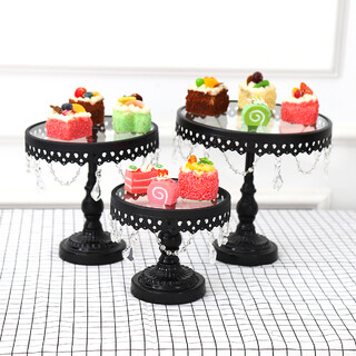 3PC Black Wedding Metal And Glass Lace Cupcake Cake Stand With Crystal Pendant Chain