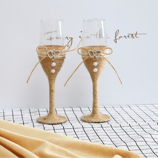 2 x Rustic Burlap Double Heart Toasting Glasses Champagne Flutes Wedding