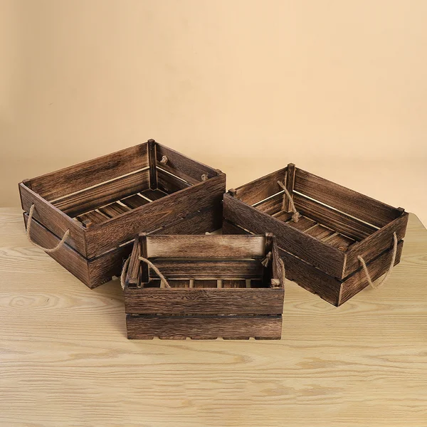3PC Wooden Brown Decorative Crates Boxes Wedding Home Vintage Rustic Storage