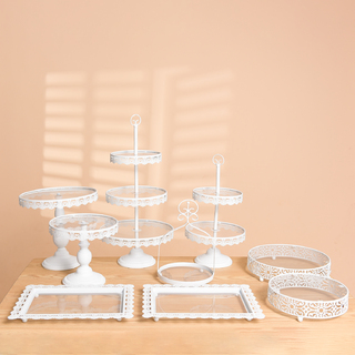 9Pcs White Acrylic Plate Metal Cake Holder Set Cupcake Tray & Stand
