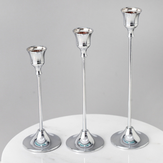 Set of 3 Silver Chrome Metal Taper Candle Candlestick Holders