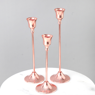 Set of 3 Rose Gold Metal Taper Candle Candlestick Holders