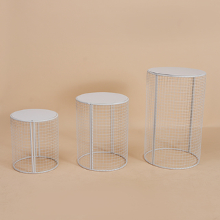 Set of 3 White Iron Mesh Cylinder Display Plinth Pedestal 