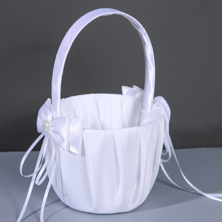 White Pew Bow Wedding Flower Girl Diamante Basket 