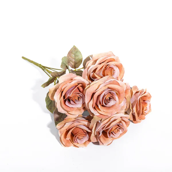7 Heads Full Bloom Artificial Rose Bouquet Dusty Brown 44cm