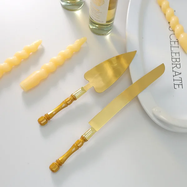 Wedding Bridal Gold Cake Server Knife Set Steel Clear Handle 