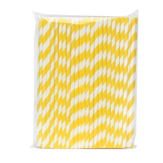 100 x Yellow and White Stripe Paper Drinking Straw Wedding Party Supplies 