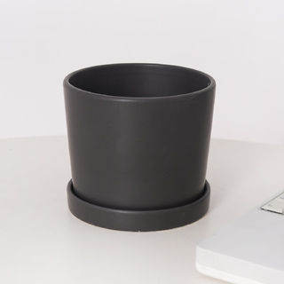 6 x Ceramic Cylinder Matt Black Plant Pot & Plate Set  (13cmDx11cmH)