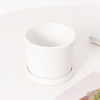 8 x Ceramic Cylinder White Plant Pot & Plate Set  (13cmDx11cmH)