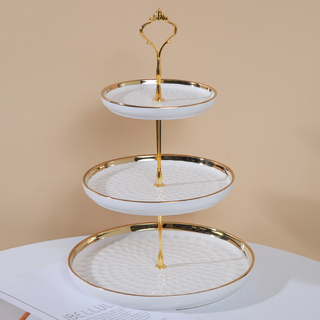 3 Tier White Round Ceramic Cupcake Stand with Gold Edge
