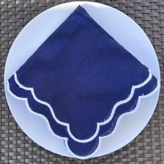 10 x Cotton Linen Scalloped Napkin Navy