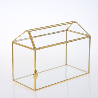Premium 32cm Geometric Glass House Shape Wishing Well Box with Heart Shaped Padlock