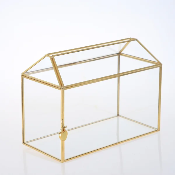 Premium 32cm Geometric Glass House Shape Wishing Well Box with Heart Shaped Padlock
