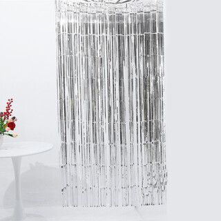 Metallic Tinsel Foil Fringe Backdrop Curtain Silver 2m