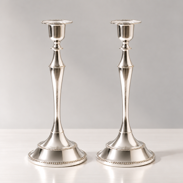 2 x Classic Silver Taper Candle Holders Tall