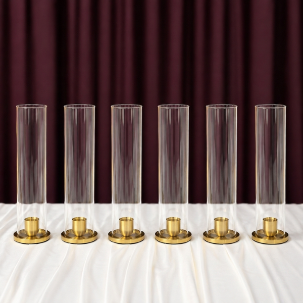 Set of 6 Gold Metal Taper Candle Holders with Glass Sleeves