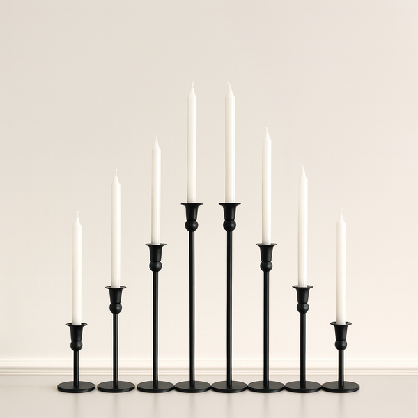Set of 8 Cleo Black Metal Candle Holders with 30cm White Dinner Candles Bulk