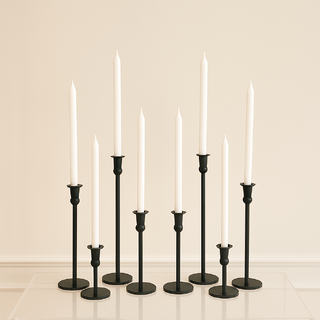Set of 8 Cleo Black Metal Candle Holders with 40cm White Dinner Candles Bulk