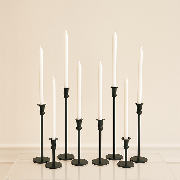 Set of 8 Cleo Black Metal Candle Holders with 40cm White Dinner Candles Bulk
