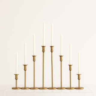 Set of 8 Cleo Gold Metal Candle Holders with 30cm White Dinner Candles Bulk