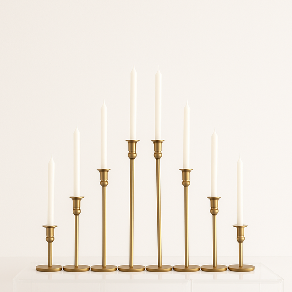Set of 8 Cleo Gold Metal Candle Holders with 30cm White Dinner Candles Bulk
