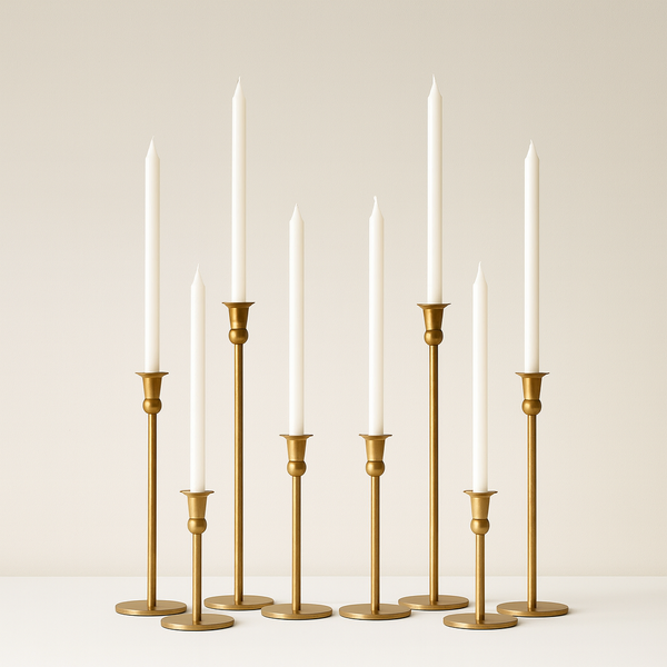 Set of 8 Cleo Gold Metal Candle Holders with 40cm White Dinner Candles Bulk