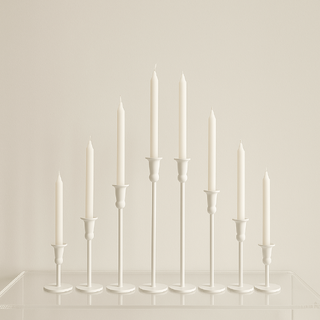 Set of 8 Cleo White Metal Candle Holders with 30cm White Dinner Candles Bulk