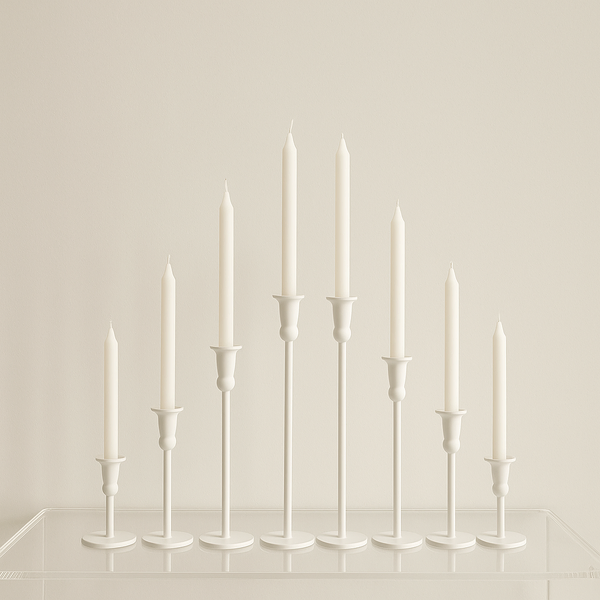Set of 8 Cleo White Metal Candle Holders with 30cm White Dinner Candles Bulk