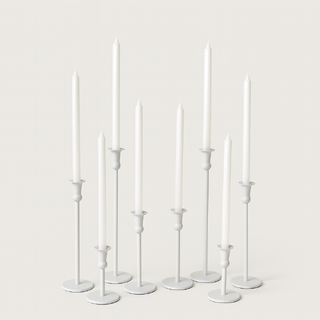 Set of 8 Cleo White Metal Candle Holders with 40cm White Dinner Candles Bulk