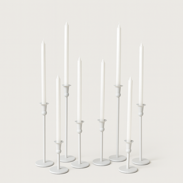 Set of 8 Cleo White Metal Candle Holders with 40cm White Dinner Candles Bulk